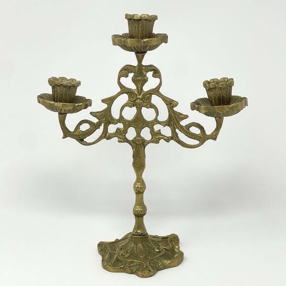 Vintage Gold Metal 3 Arm Candelabra Taper Candle Holder 10” Tall 8” Wide - Picture 1 of 8